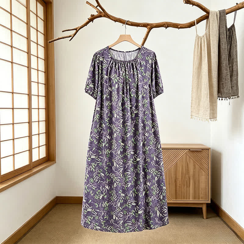 Purple Floral Gathered Neck Lounge Dress
