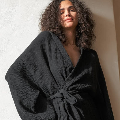 Black Cotto Kimono Short Robe
