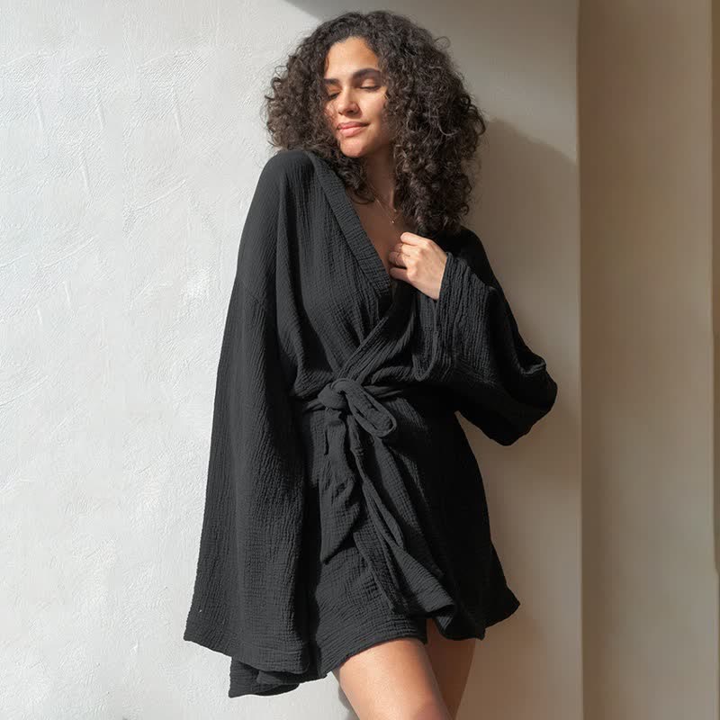 Black Cotto Kimono Short Robe