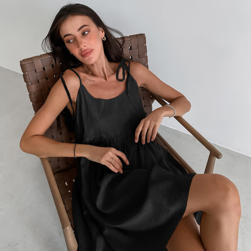 Casual Cotton Linen Tie Strap Nightdress