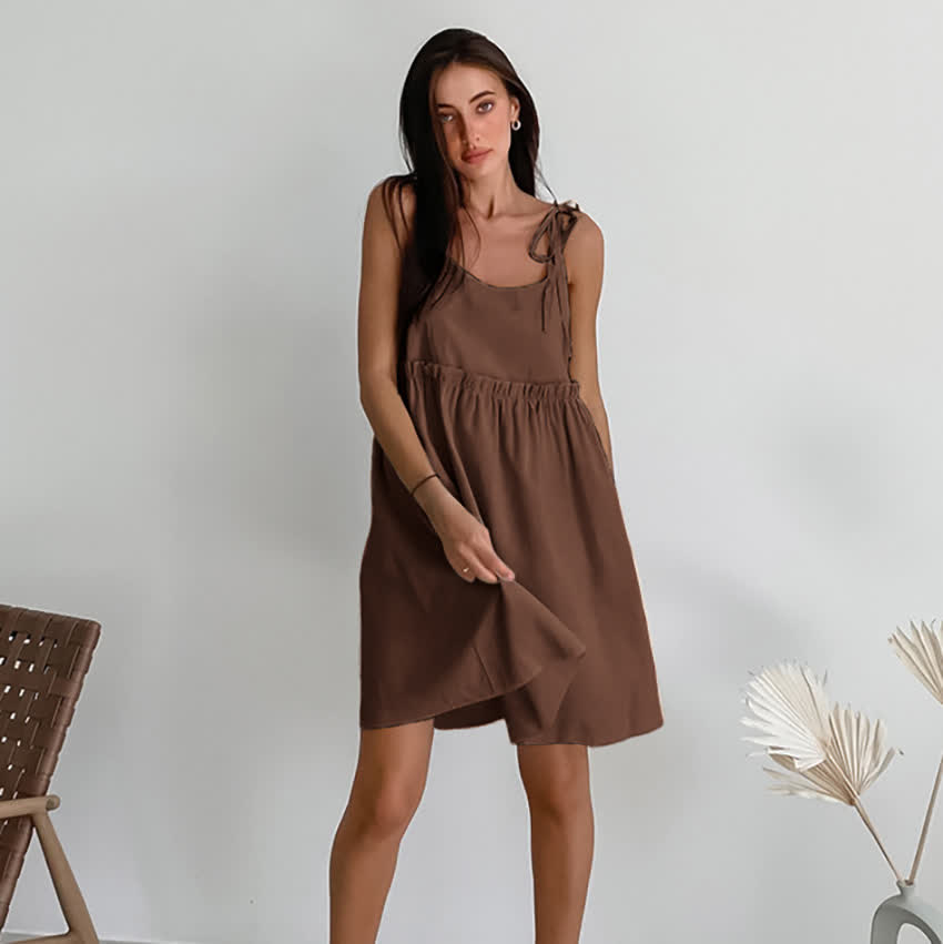 Casual Cotton Linen Tie Strap Nightdress