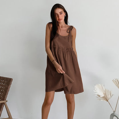 Casual Cotton Linen Tie Strap Nightdress