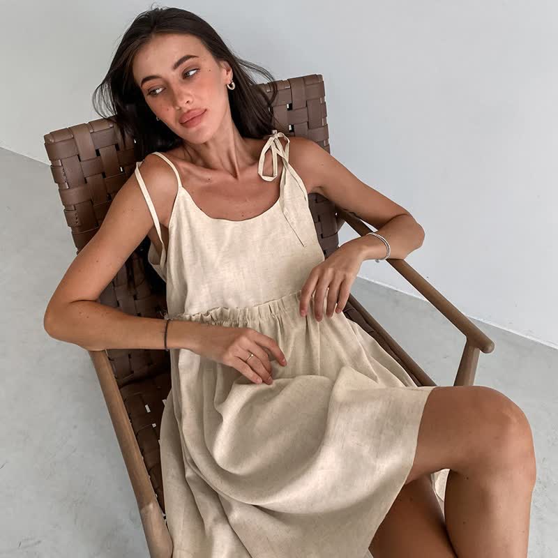 Casual Cotton Linen Tie Strap Nightdress