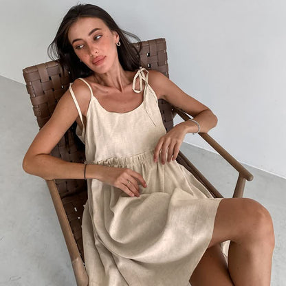 Casual Cotton Linen Tie Strap Nightdress