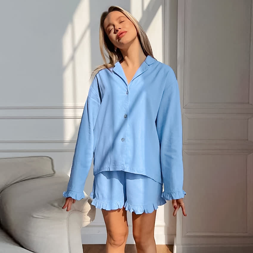 Solid Cotton Ruffle Trim Women's Pajamas