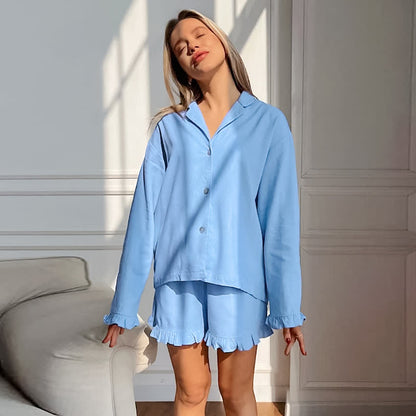 Solid Cotton Ruffle Trim Women's Pajamas