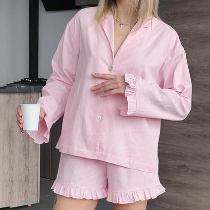 Solid Cotton Ruffle Trim Women's Pajamas