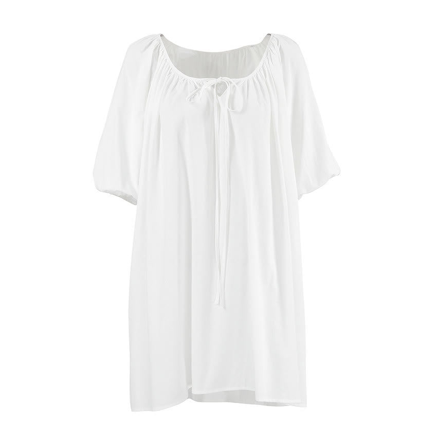 White Cotton Tie Neck Loungewear Dress