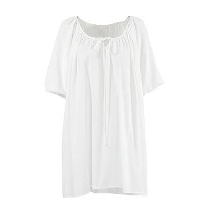 White Cotton Tie Neck Loungewear Dress