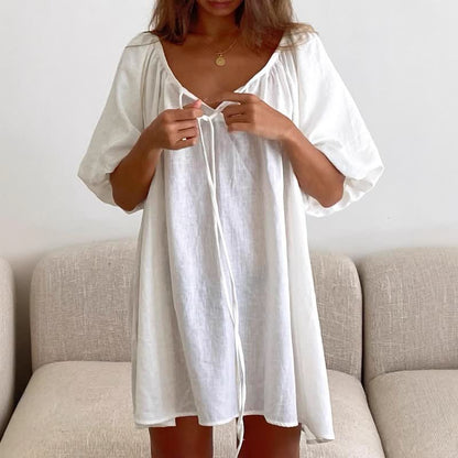 White Cotton Tie Neck Loungewear Dress