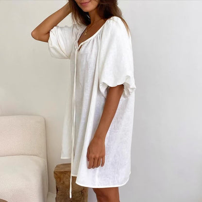 White Cotton Tie Neck Loungewear Dress