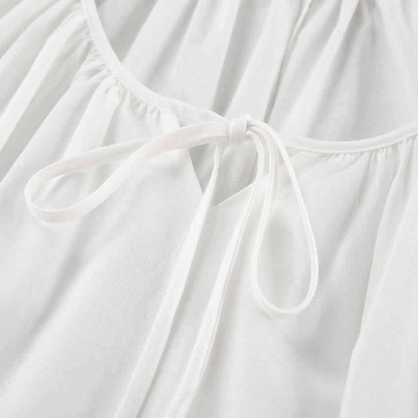White Cotton Tie Neck Loungewear Dress
