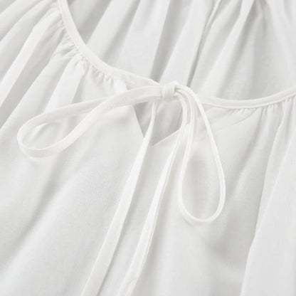White Cotton Tie Neck Loungewear Dress