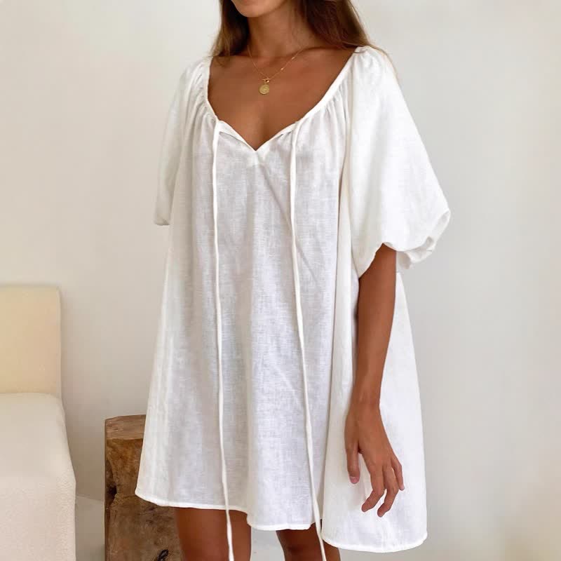 White Cotton Tie Neck Loungewear Dress