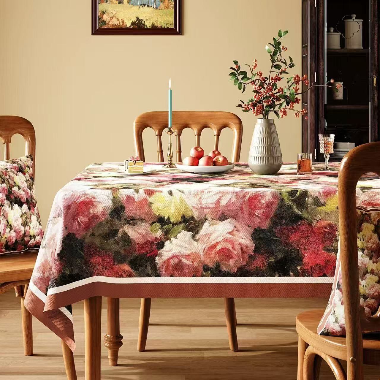 Vintage Oil-Painting Rose Floral Tablecloth
