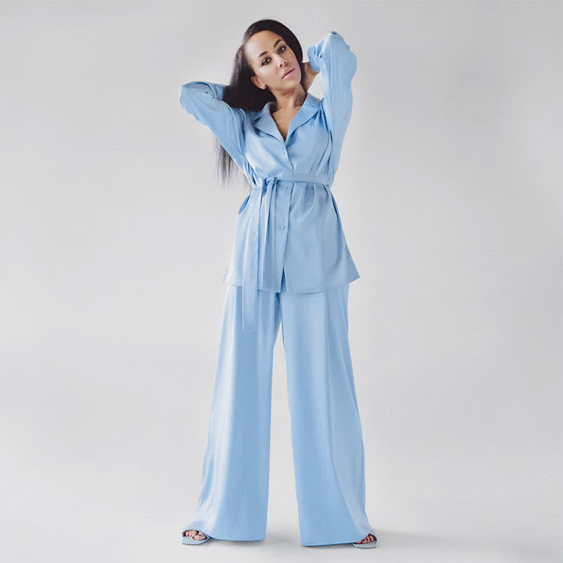 Solid Color Belted Women's Loungewear Set