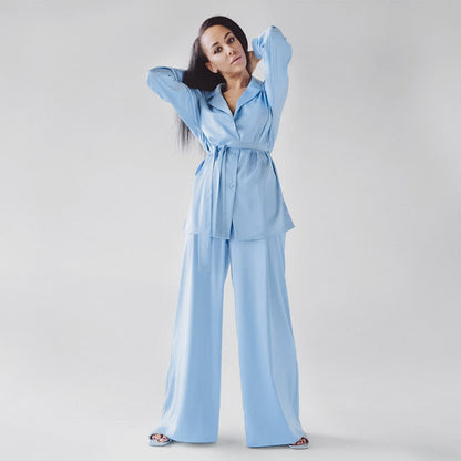 Solid Color Belted Women's Loungewear Set