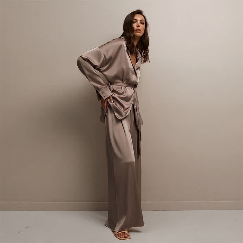 Solid Color Belted Women's Loungewear Set