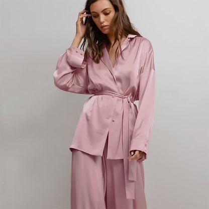 Solid Color Belted Women's Loungewear Set