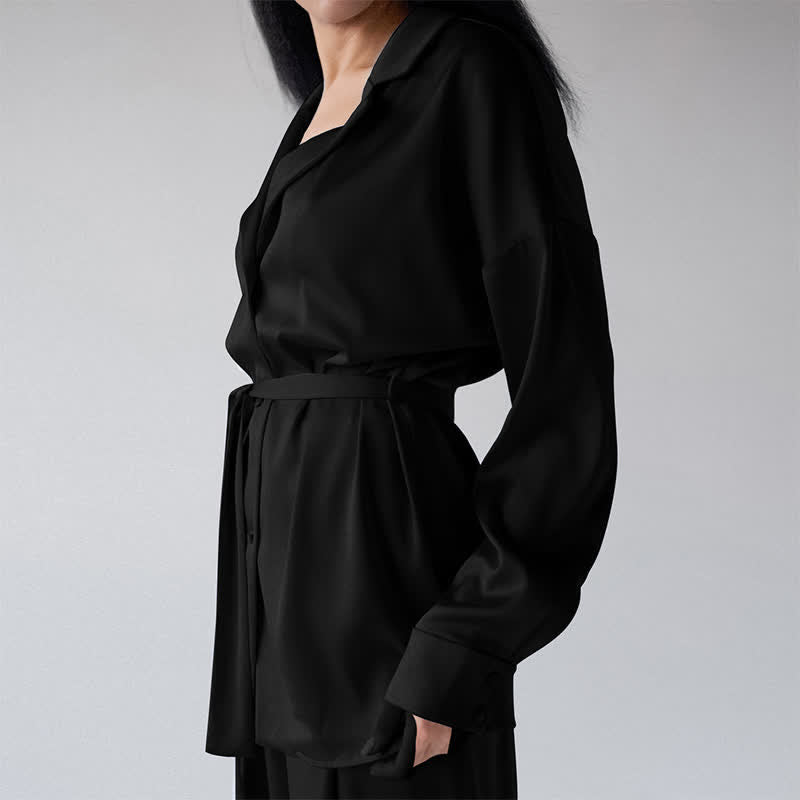 Solid Color Belted Women's Loungewear Set