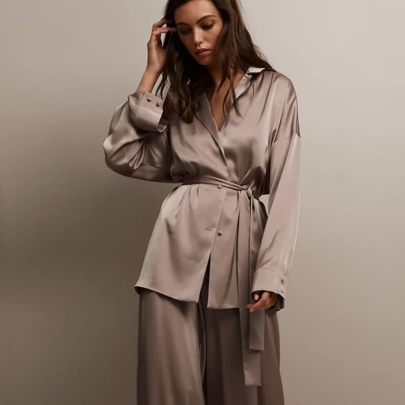Solid Color Belted Women's Loungewear Set