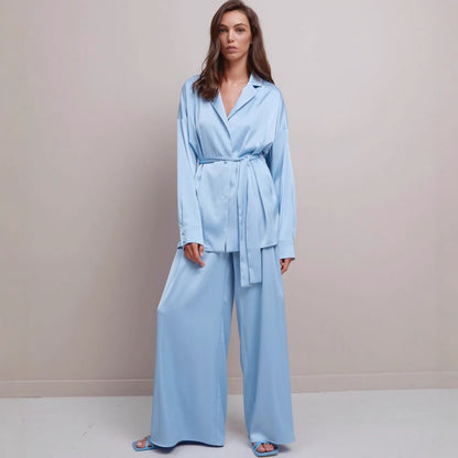 Solid Color Belted Women's Loungewear Set