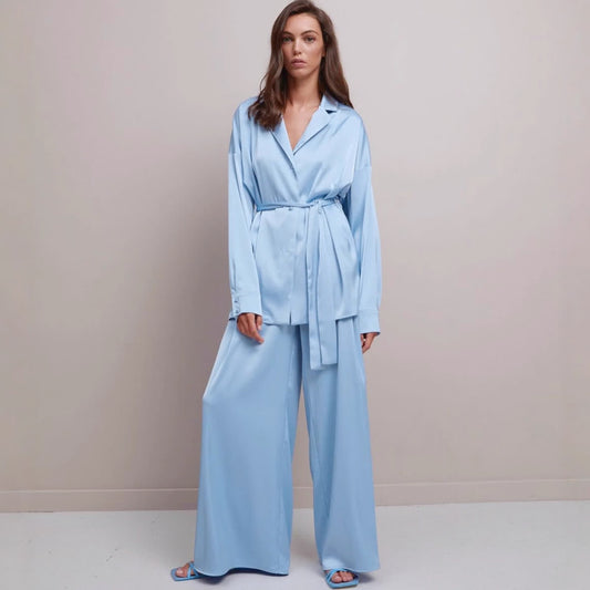 Solid Color Belted Women's Loungewear Set