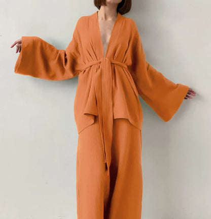 Solid Color Cotton Gauze Kimono Pajamas