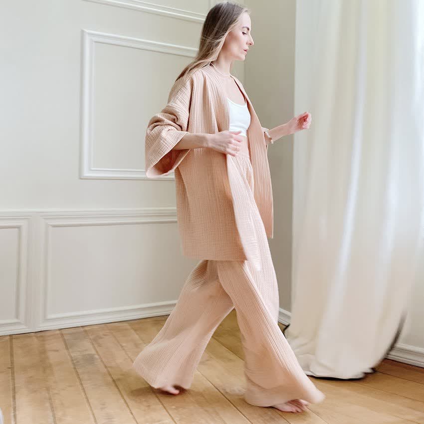 Solid Color Cotton Gauze Kimono Pajamas