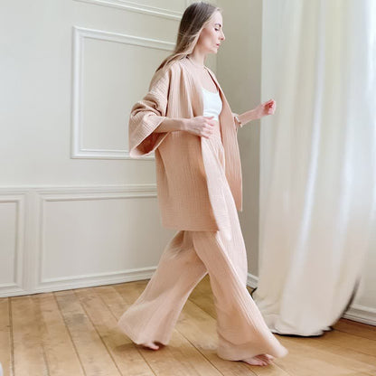 Solid Color Cotton Gauze Kimono Pajamas