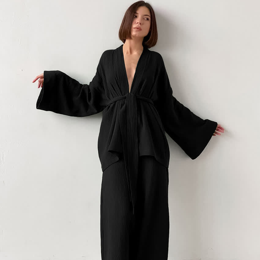 Solid Color Cotton Gauze Kimono Pajamas