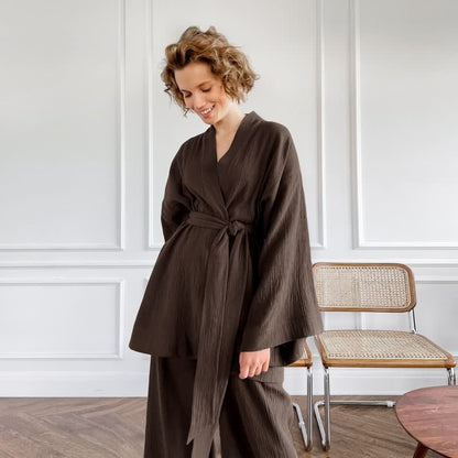 Solid Color Cotton Gauze Kimono Pajamas