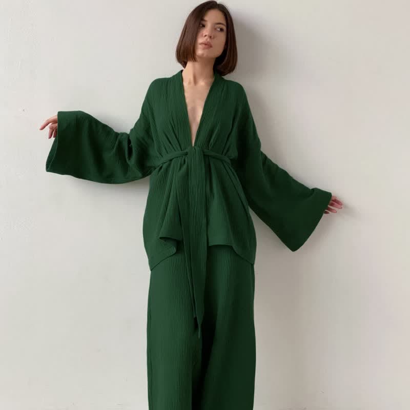 Solid Color Cotton Gauze Kimono Pajamas