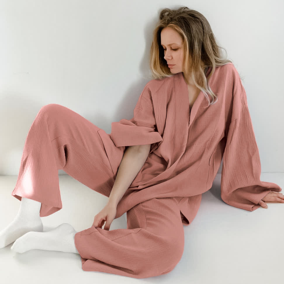 Solid Color Cotton Gauze Kimono Pajamas
