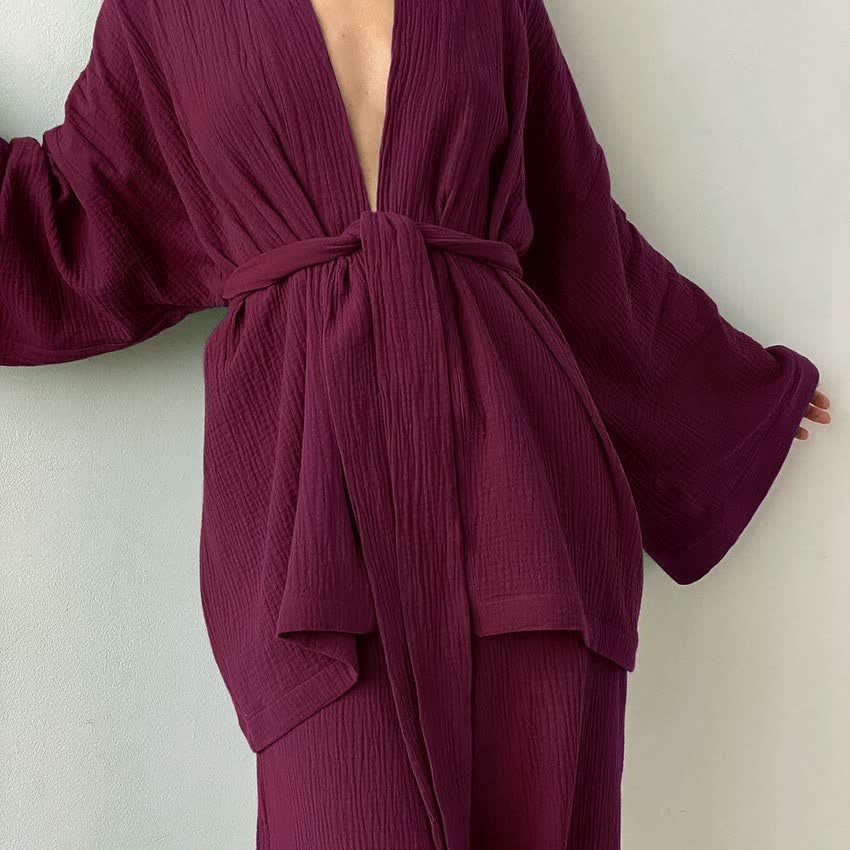 Solid Color Cotton Gauze Kimono Pajamas