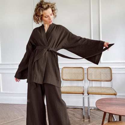 Solid Color Cotton Gauze Kimono Pajamas
