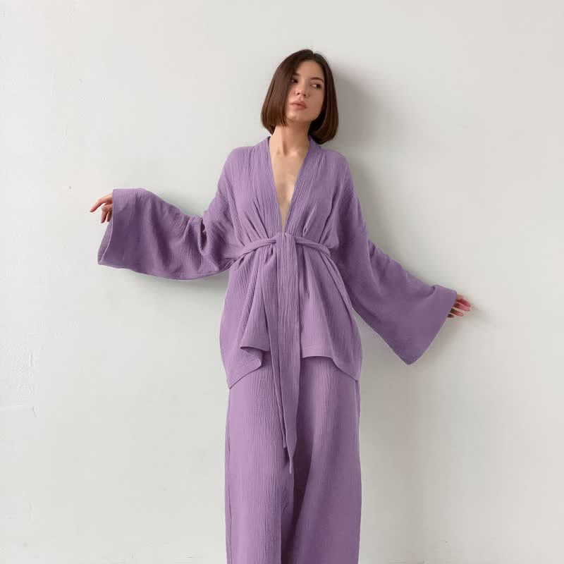 Solid Color Cotton Gauze Kimono Pajamas
