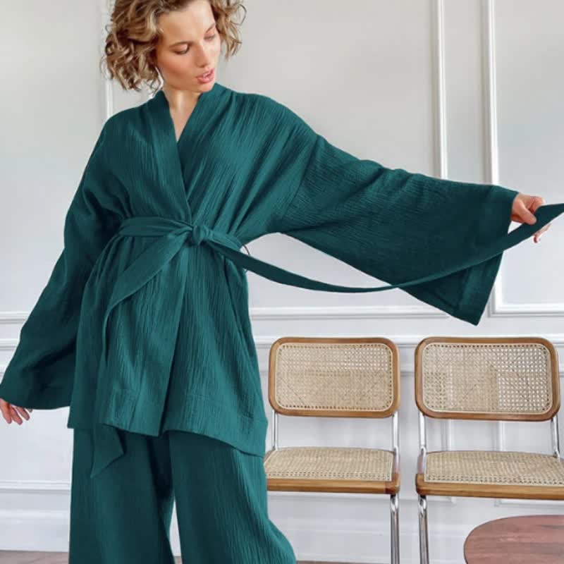 Solid Color Cotton Gauze Kimono Pajamas