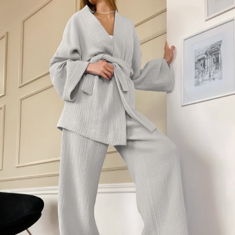 Solid Color Cotton Gauze Kimono Pajamas