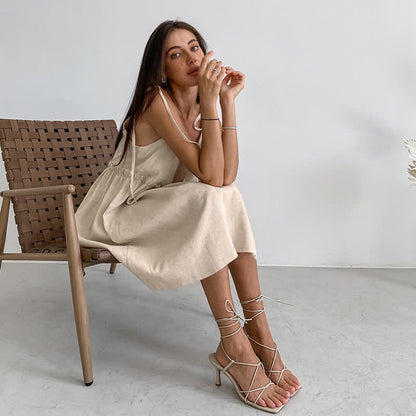 Casual Cotton Linen Tie Strap Nightdress