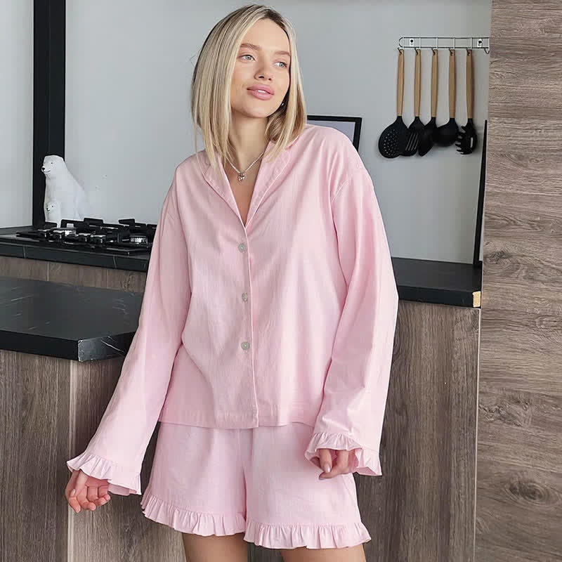 Solid Cotton Ruffle Trim Women's Pajamas