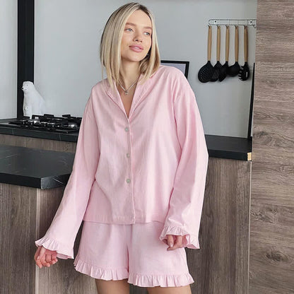 Solid Cotton Ruffle Trim Women's Pajamas
