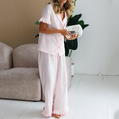 Pink Cotton Ruffle Women's Loungewear Set