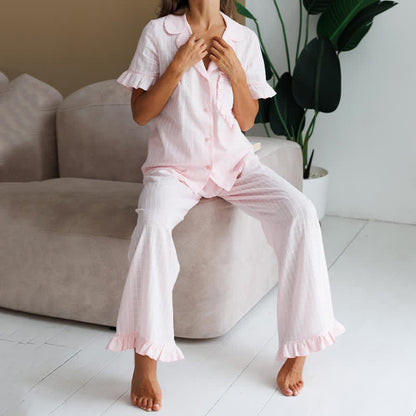 Pink Cotton Ruffle Women's Loungewear Set