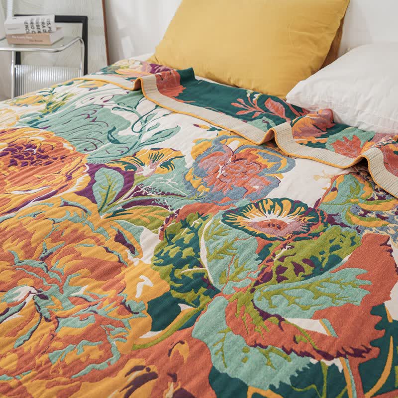 Bohemian Blooming Floral Cotton Quilt Blanket