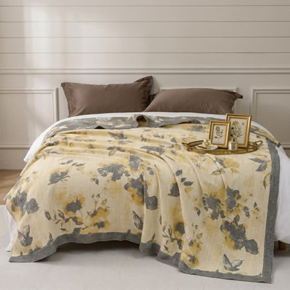 Yellow & Gray Floral Cotton Quilt Blanket