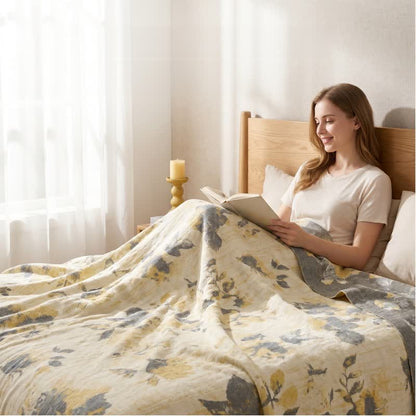 Yellow & Gray Floral Cotton Quilt Blanket
