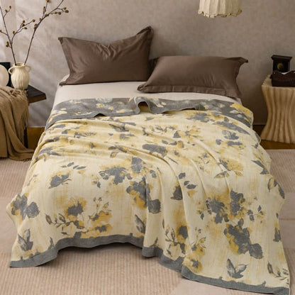 Yellow & Gray Floral Cotton Quilt Blanket