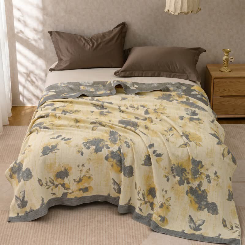 Yellow & Gray Floral Cotton Quilt Blanket