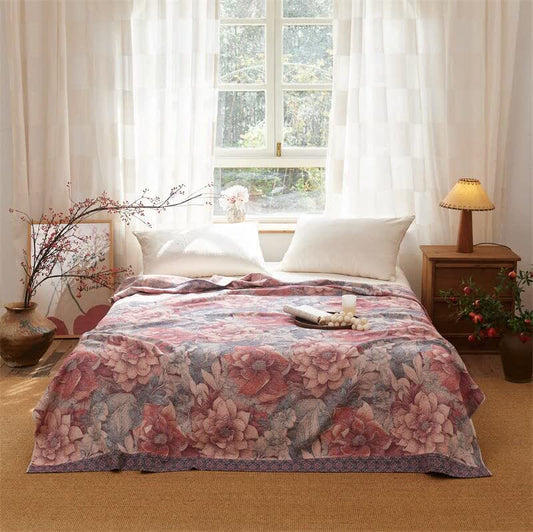 Luxurious Pink Floral Cotton Quilt Blanket